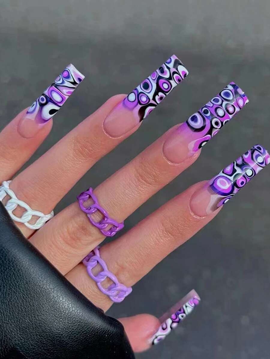 提升你風格帶24入組長款棺材紫色眼睛圖案假指甲和1入組指甲銼和1張膠帶 - 彩色 - 查看 1