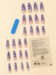 提升你風格帶24入組長款棺材紫色眼睛圖案假指甲和1入組指甲銼和1張膠帶 - 彩色 - 查看 2