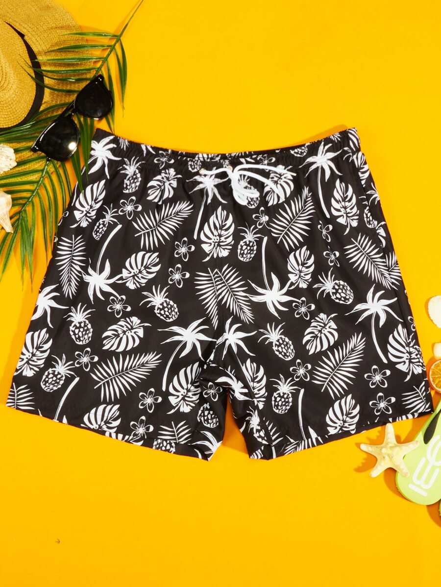Manfinity Hombres Shorts de natación con estampado tropical de cintura con cordón - Negro - Ver 1