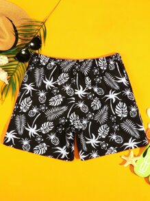 Manfinity Hombres Shorts de natación con estampado tropical de cintura con cordón - Negro - Ver 2