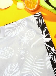 Manfinity Hombres Shorts de natación con estampado tropical de cintura con cordón - Negro - Ver 3