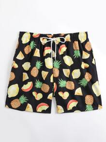 Manfinity Hombres Shorts de natación con estampado de fruta de cintura con cordón - Multicolor - Ver 3