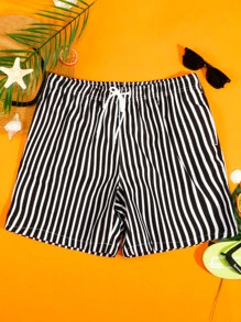 Manfinity Hombres Shorts de natación de rayas de cintura con cordón - Blanco y Negro - Ver 1
