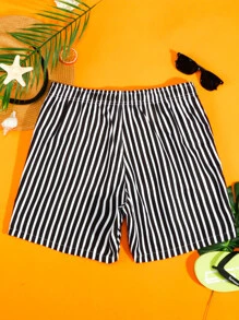 Manfinity Hombres Shorts de natación de rayas de cintura con cordón - Blanco y Negro - Ver 2