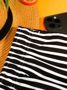 Manfinity Hombres Shorts de natación de rayas de cintura con cordón - Blanco y Negro - Ver 4