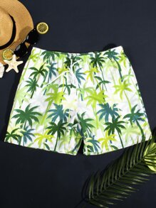 Manfinity Hombres Shorts de natación con estampado tropical de cintura con cordón - Multicolor - Ver 1