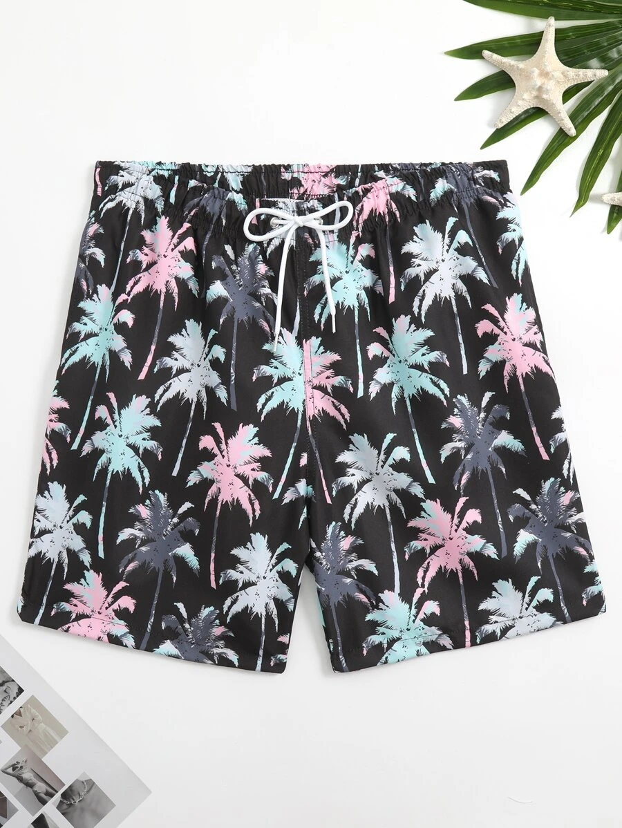 Manfinity Hombres Shorts de natación con estampado tropical de cintura con cordón - Multicolor - Ver 1
