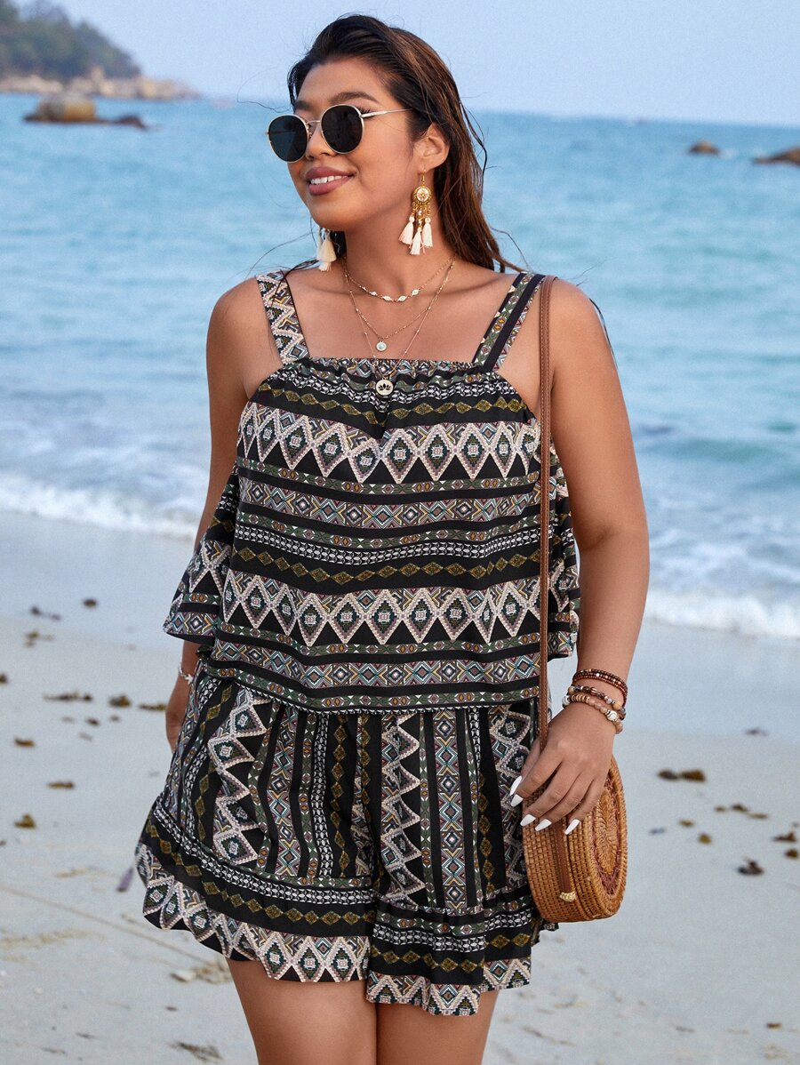 SHEIN Holidaya Shorts con top de tirantes con estampado geométrico - Multicolor - Ver 1