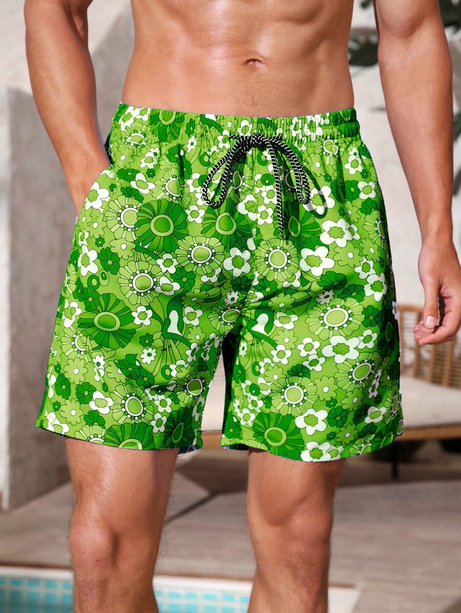 Manfinity Hombres Shorts de natación con estampado floral de cintura con cordón - Verde - Ver 1