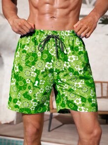 Manfinity Hombres Shorts de natación con estampado floral de cintura con cordón - Verde - Ver 3