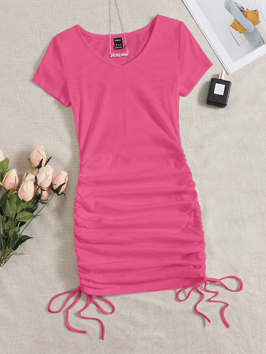 SHEIN EZwear Đầm Dây kéo Xù Gân đan màu trơn Giải trí - Hồng - Xem 1