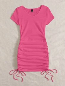 SHEIN EZwear Đầm Dây kéo Xù Gân đan màu trơn Giải trí - Hồng - Xem 5