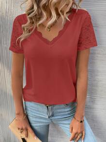 SHEIN LUNE Contrast Lace Scallop Trim Tee - Rusty Rose - View 3