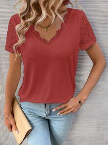 SHEIN LUNE Contrast Lace Scallop Trim Tee - Rusty Rose - View 5