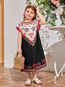 SHEIN Toddler Girls Floral Print Batwing Sleeve Dress - Multicolor - View 1