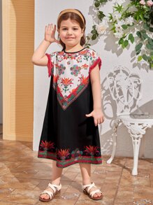 SHEIN Toddler Girls Floral Print Batwing Sleeve Dress - Multicolor - View 3