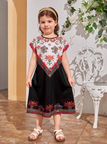 SHEIN Toddler Girls Floral Print Batwing Sleeve Dress - Multicolor - View 4