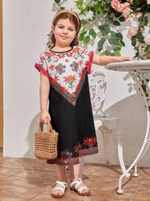 SHEIN Toddler Girls Floral Print Batwing Sleeve Dress - Multicolor - View 6