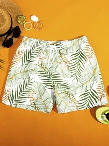 Manfinity Hombres Shorts de natación con estampado tropical de cintura con cordón - Multicolor - Ver 1