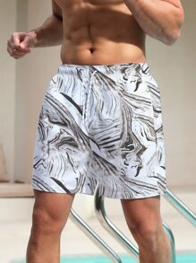 Manfinity Hombres Shorts de natación con estampado de mármol de cintura con cordón - Multicolor - Ver 5
