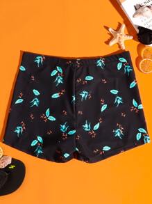 Manfinity Swimmode Hombres Shorts de natación con estampado de hoja de cintura con cordón - Negro - Ver 2