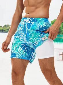 Manfinity Swimmode Shorts de baño con estampado tropical y cintura con cordón para hombres en vacaciones de playa - Multicolor - Ver 1