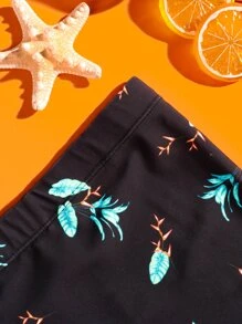 Manfinity Swimmode Hombres Shorts de natación con estampado de hoja de cintura con cordón - Negro - Ver 3