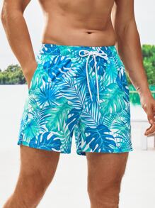 Manfinity Swimmode Shorts de baño con estampado tropical y cintura con cordón para hombres en vacaciones de playa - Multicolor - Ver 5