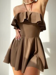 SHEIN Swim Summer Backless Ruffle Hem Halter Neck Backless Dress - Mocha Brown - View 1