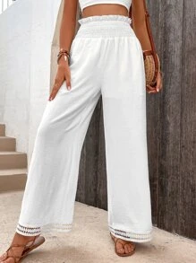 SHEIN Holidaya Paperbag Waist Guipure Lace Insert Wide Leg Trousers - White - View 1