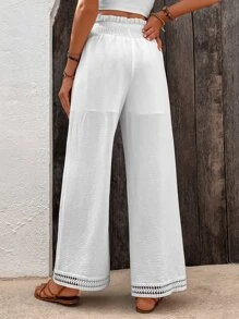SHEIN Holidaya Paperbag Waist Guipure Lace Insert Wide Leg Trousers - White - View 2