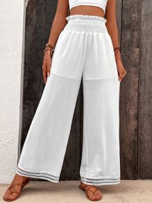 SHEIN Holidaya Paperbag Waist Guipure Lace Insert Wide Leg Trousers - White - View 3