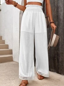 SHEIN Holidaya Paperbag Waist Guipure Lace Insert Wide Leg Trousers - White - View 4