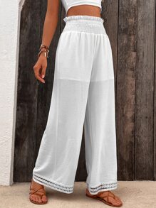 SHEIN Holidaya Paperbag Waist Guipure Lace Insert Wide Leg Trousers - White - View 5