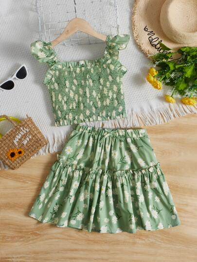 SHEIN Teen Girls Allover Floral Print Ruffle Trim Shirred Top & Frill Trim Skirt