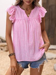 SHEIN VCAY Notched Neckline Butterfly Sleeve Blouse - Pink - View 5