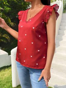 SHEIN Frenchy 愛心圖案鏤空蕾絲花邊蝴蝶袖襯衫 - 紅色 - 查看 3