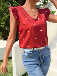 SHEIN Frenchy 愛心圖案鏤空蕾絲花邊蝴蝶袖襯衫 - 紅色 - 查看 5