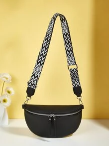 Litchi Embossed Bum Bag Fashionable Geometric Pattern Adjustable Strap PU - Black - View 1