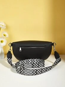Litchi Embossed Bum Bag Fashionable Geometric Pattern Adjustable Strap PU - Black - View 2
