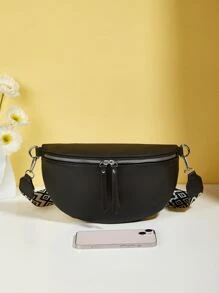 Litchi Embossed Bum Bag Fashionable Geometric Pattern Adjustable Strap PU - Black - View 3