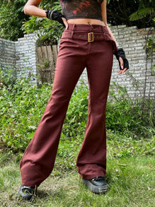 ROMWE PUNK Solid Belted Flare Leg Trousers - Maroon - View 5