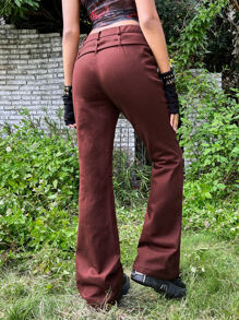 ROMWE PUNK Solid Belted Flare Leg Trousers - Maroon - View 2