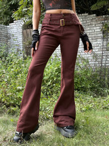 ROMWE PUNK Solid Belted Flare Leg Trousers - Maroon - View 1