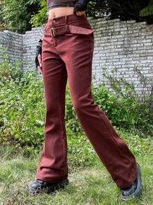 ROMWE PUNK Solid Belted Flare Leg Trousers - Maroon - View 4