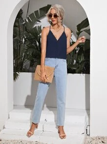 SHEIN Frenchy 鏤空蕾絲花邊吊帶上衣 - 藏蓝色 - 查看 4