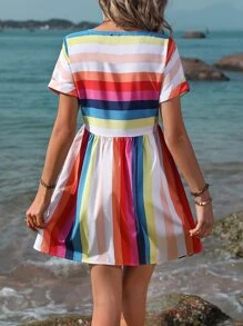 Breezaya 彩虹條紋印花蝙蝠袖娃娃裙 - 彩色 - 查看 2