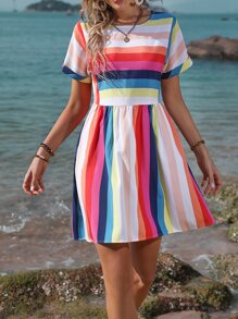 Breezaya 彩虹條紋印花蝙蝠袖娃娃裙 - 彩色 - 查看 4