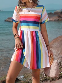 Breezaya 彩虹條紋印花蝙蝠袖娃娃裙 - 彩色 - 查看 5