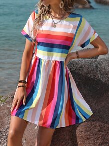 Breezaya 彩虹條紋印花蝙蝠袖娃娃裙 - 彩色 - 查看 6